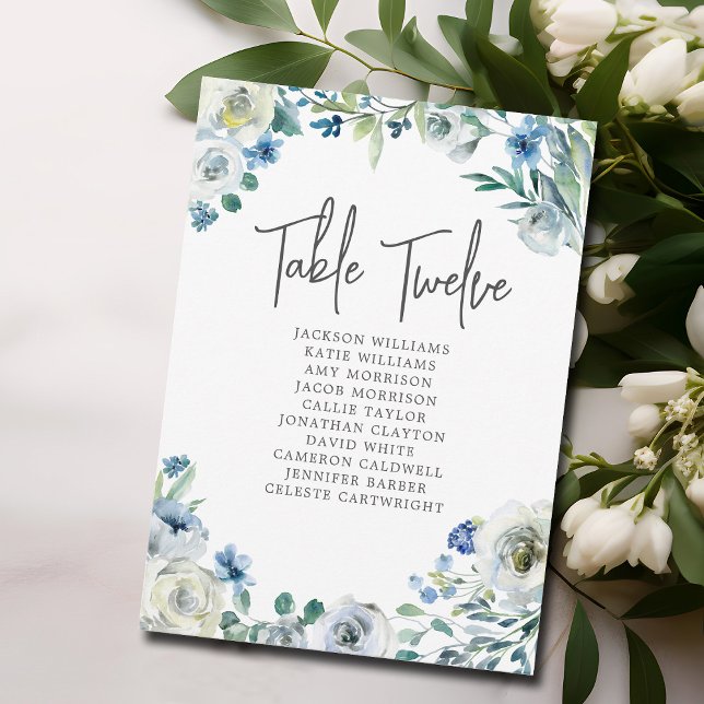 Elegante Blue Floral Wedding Tischnummer Card (Von Creator hochgeladen)