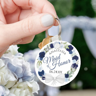 Elegante Blue Floral Wreath Trauzeugin Hochzeit Schlüsselanhänger