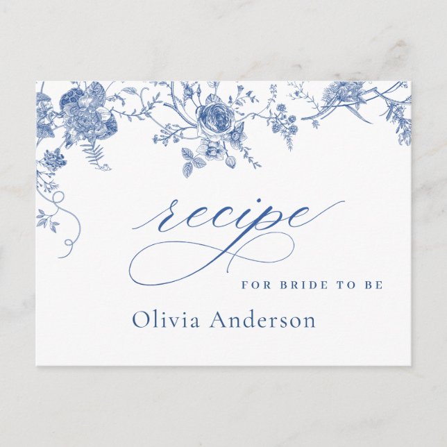 Elegante Blue Flowers Brautparty Rezept Card Postkarte (Vorderseite)