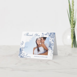 Elegante Blue French Garden Blume Hochzeit Foto Dankeskarte