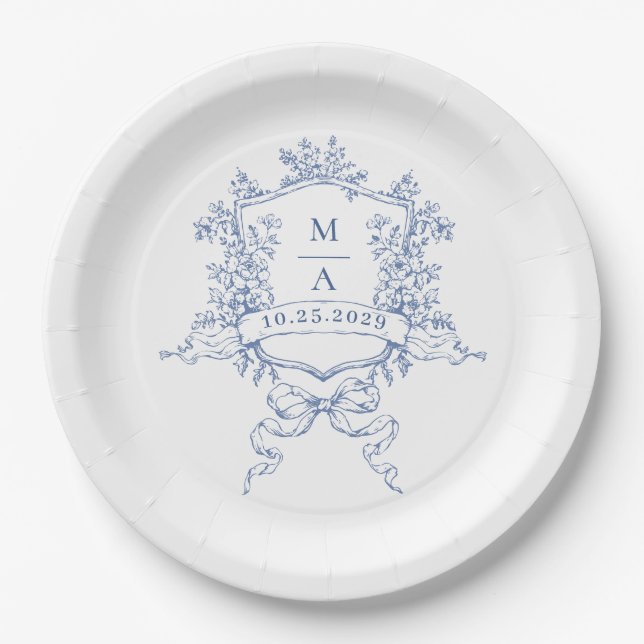 Elegante Blue French Garden Blume Hochzeit Pappteller (Vorderseite)