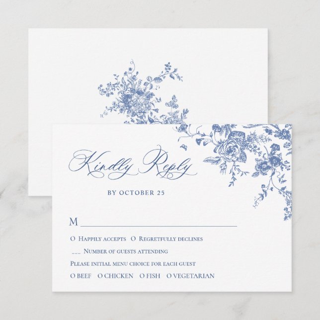 Elegante Blue French Rose Garden RSVP Karte (Vorne/Hinten)
