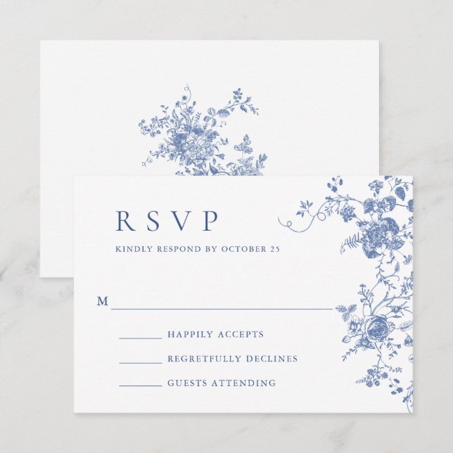Elegante Blue French Rose Garden RSVP Karte (Vorne/Hinten)