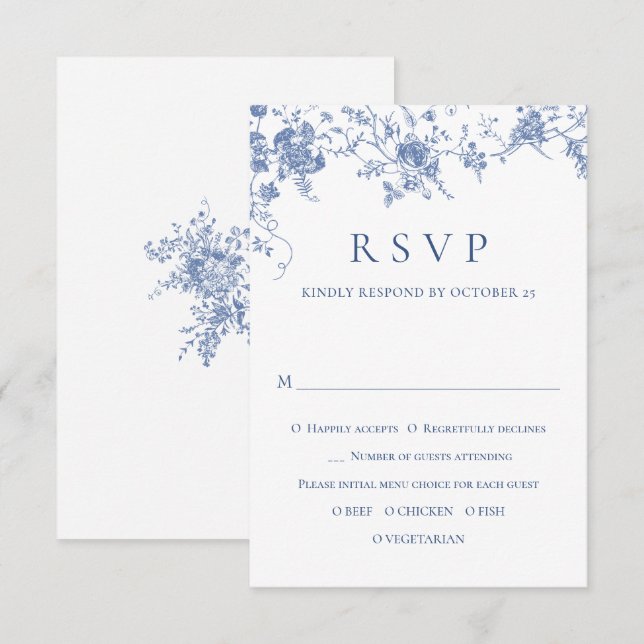 Elegante Blue French Rose Garden RSVP Karte (Vorne/Hinten)