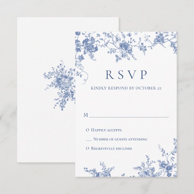 Elegante Blue French Rose Garden RSVP Karte (Vorne/Hinten)