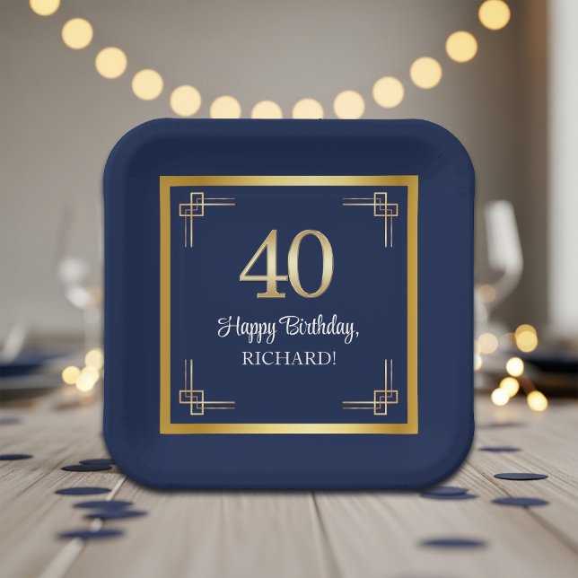 Elegante Blue Gold 40. Geburtstagsfeier Pappteller (Von Creator hochgeladen)