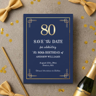 Elegante Blue-Gold-80-Geburtstagsfeier Save The Date