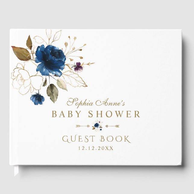 Elegante Blue Gold Blume Baby Shower Gästebuch (Vorderseite)