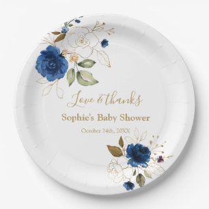 Elegante Blue Gold Blume Baby Shower Pappteller