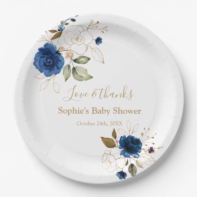 Elegante Blue Gold Blume Baby Shower Pappteller (Vorderseite)