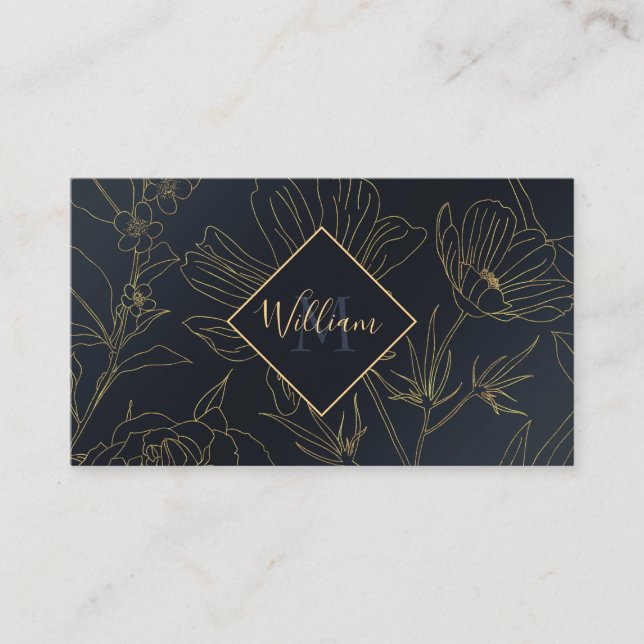 Elegante Blue Gold Blume Botanisch Visitenkarte (Vorderseite)