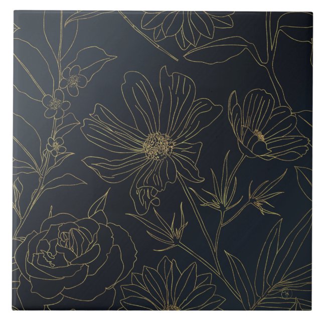 Elegante Blue Gold Blume Kunst, Dichtung und Musik Fliese (Vorderseite)