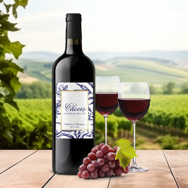 Elegante Blue Gold Botanische Hochzeit Weinetikett