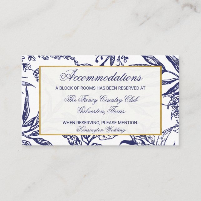 Elegante Blue Gold Botanische Hochzeiten Details Begleitkarte (Vorderseite)