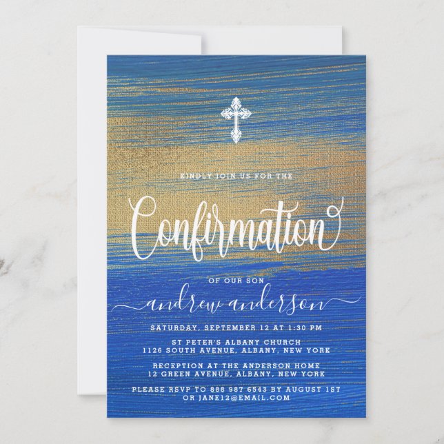 Elegante Blue-Gold-Boy-Bestätigung Einladung (Vorderseite)