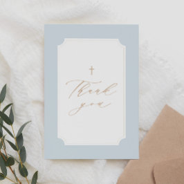 Elegante Blue Gold Cross Boy Taufe Dankeskarte