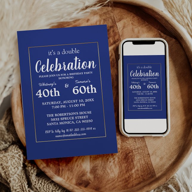 Elegante Blue & Gold Frame Geburtstagsparty Einladung (Von Creator hochgeladen)