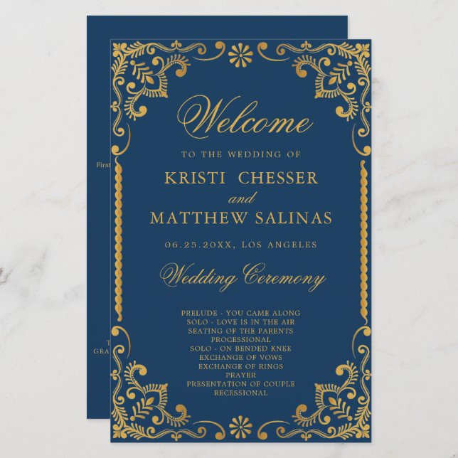 Elegante Blue Gold Frame Wedding Program Card (Vorne/Hinten)