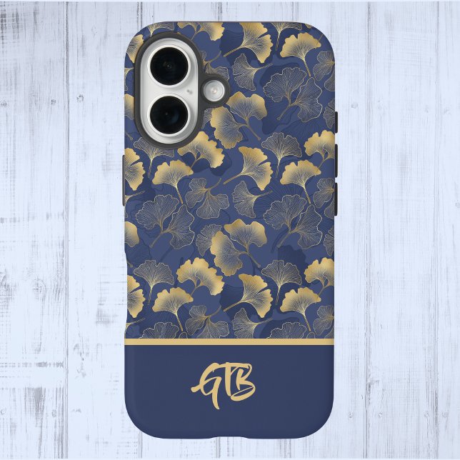 Elegante Blue Gold Ginkgo Blätter mit Name Monogra iPhone 16 Hülle (Von Creator hochgeladen)