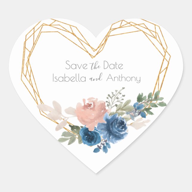 Elegante Blue Gold Heart Blumenbezeichnungen Hochz Herz-Aufkleber (Vorderseite)