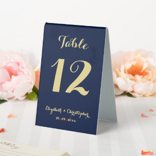 Elegante Blue Gold Hochzeit Reception Tischnummer Tischaufsteller
