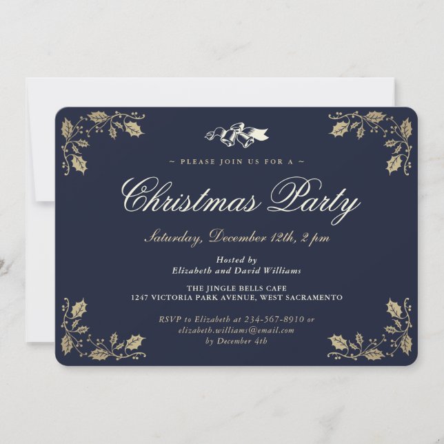 Elegante Blue Gold Holly Weihnachtsfeier Einladung (Vorderseite)