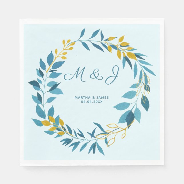 Elegante Blue Gold Leaf Personalisiert Hochzeit Serviette (Vorderseite)