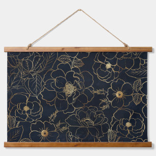 Elegante Blue Gold Rose Blume Wandteppich Mit Holzrahmen