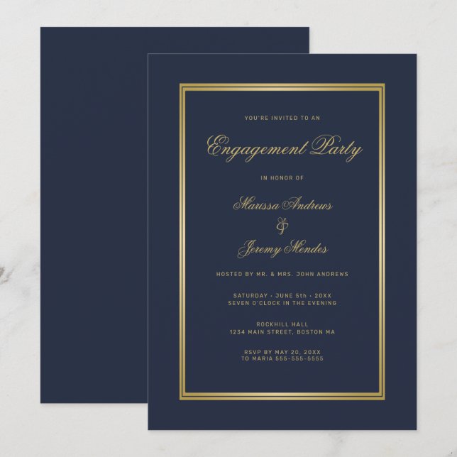 Elegante Blue Gold Script Engagement Party Einladung (Vorne/Hinten)