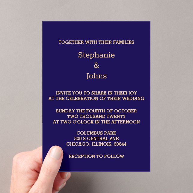 Elegante Blue Gold Script Moderne Coole Hochzeit Acryleinladungen (Insitu (Handheld))