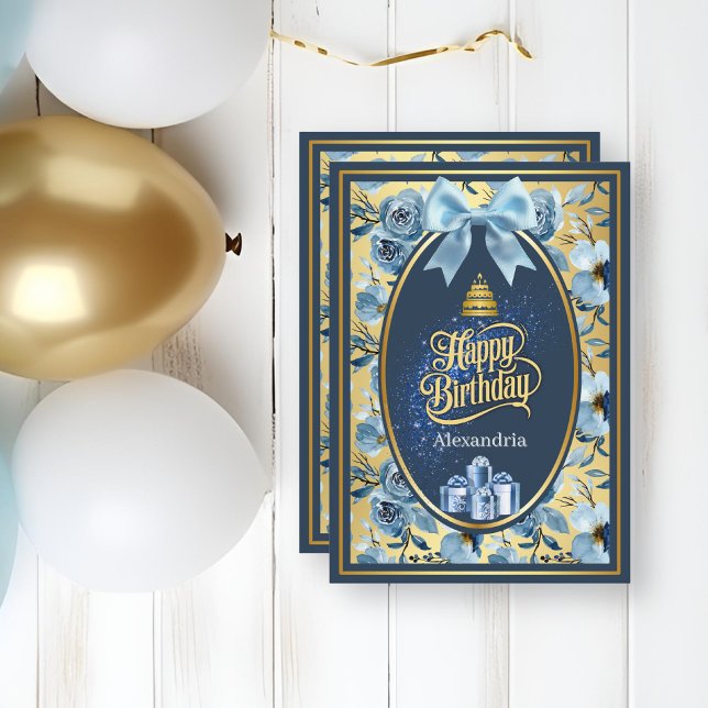Elegante Blue Gold Watercolor Floral Geburtstagkar (Von Creator hochgeladen)