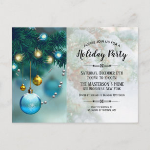 Elegante Blue Gold Weihnachtsbaumparty Einladungspostkarte