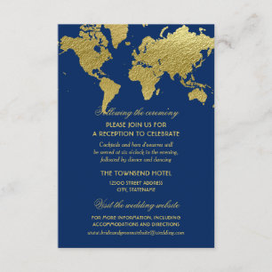 Elegante Blue Gold Weltkarte Hochzeitsempfang Begleitkarte