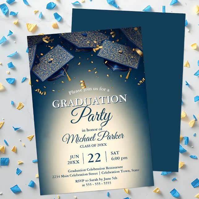 Elegante Blue Graduation Caps mit Gold Confetti Einladung (Von Creator hochgeladen)