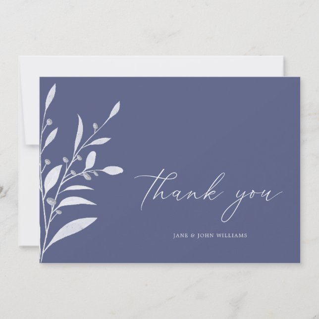Elegante Blue Gray Foliage Hochzeit Dankeskarte (Vorderseite)