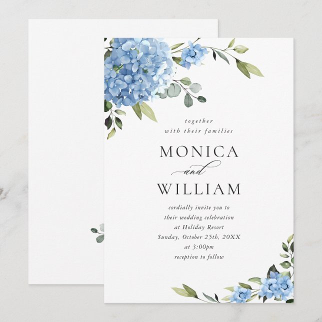 Elegante Blue Hydrangea Blumenhochzeit Einladung (Vorne/Hinten)