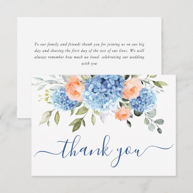 Elegante Blue Hydrangea Blush Pink Roses Blume Dankeskarte (Vorne/Hinten)