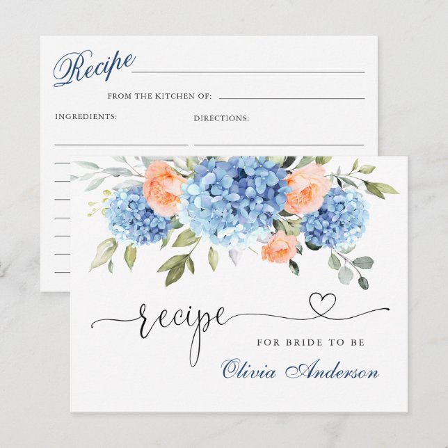Elegante Blue Hydrangea Brautparty Rezept Card Postkarte (Vorne/Hinten)