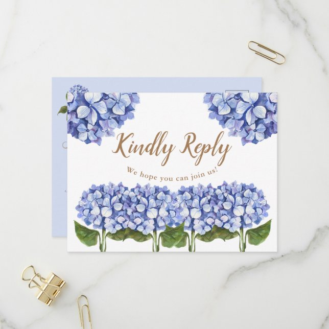 Elegante Blue Hydrangea Floral RSVP Cards Einladungspostkarte (Vorderseite/Rückseite Beispiel)