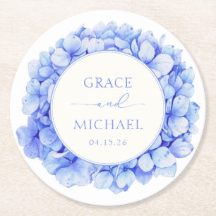 Elegante Blue Hydrangea Wassercolor Blumenhochzeit Runder Pappuntersetzer