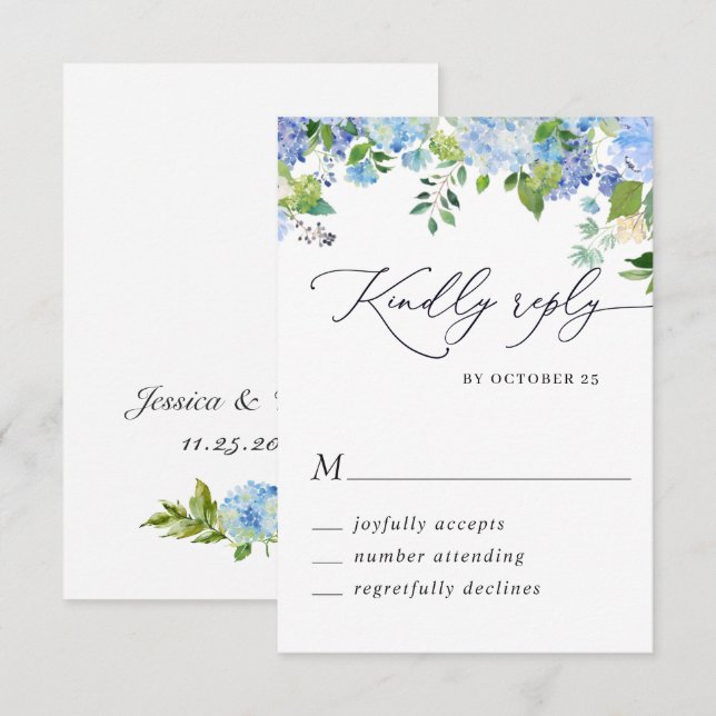 Elegante Blue Hydrangea Wassercolor Hochzeit RSVP Karte (Vorne/Hinten)