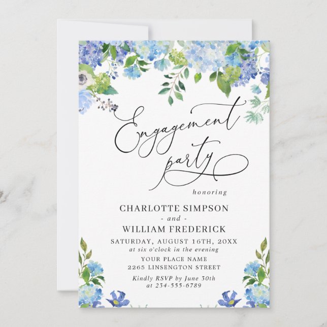 Elegante Blue Hydrangea Watercolor ENGAGEMENT PART Einladung (Vorderseite)