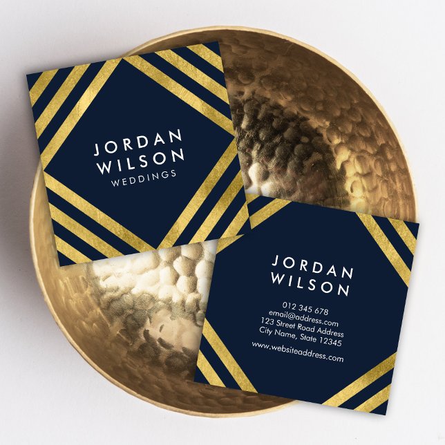 Elegante Blue Imitats Gold Square Lines Geometric Quadratische Visitenkarte (Von Creator hochgeladen)
