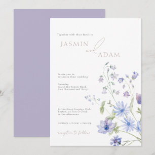 Elegante Blue & Lilac Wildblumen Hochzeit Einladung