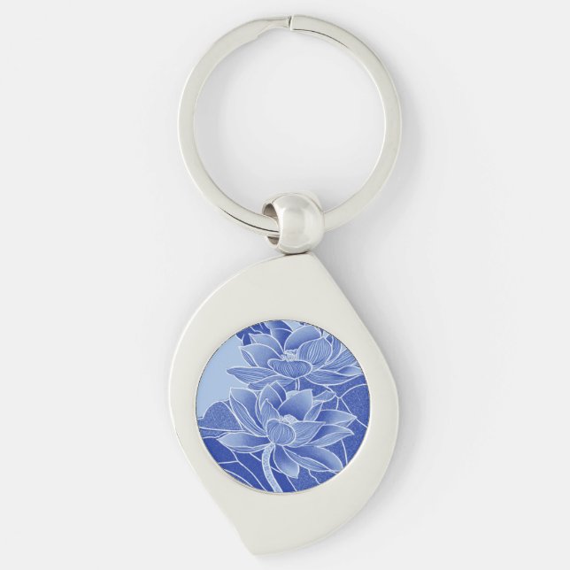 Elegante Blue Lotus Blume Mandala Chinoiserie Schlüsselanhänger (Vorderseite)