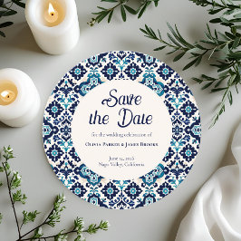Elegante Blue Mediterrane Tile Save the Date Karte