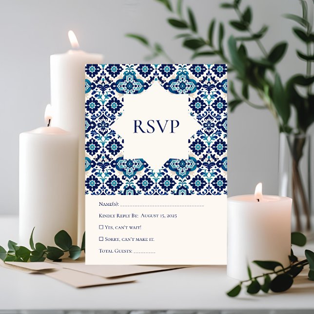 Elegante Blue Mediterranean Tile Wedding RSVP Card Karte (Von Creator hochgeladen)