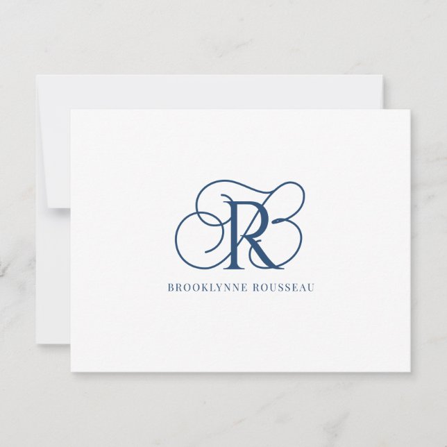 Elegante Blue Monogram Flat Note Card Mitteilungskarte (Vorderseite)