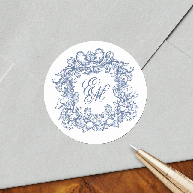 Elegante Blue Monogram Wappen Vintage Wedding Runder Aufkleber (Von Creator hochgeladen)