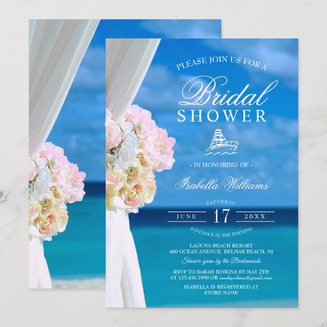Elegante Blue Ocean Beach Bridal Dusche Einladung (Vorne/Hinten)